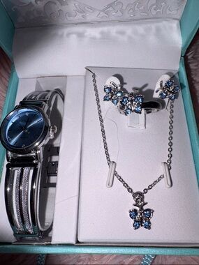 ONYK Silver-Tone Blue Crystal Butterfly Jewelry Set and Watch NIB